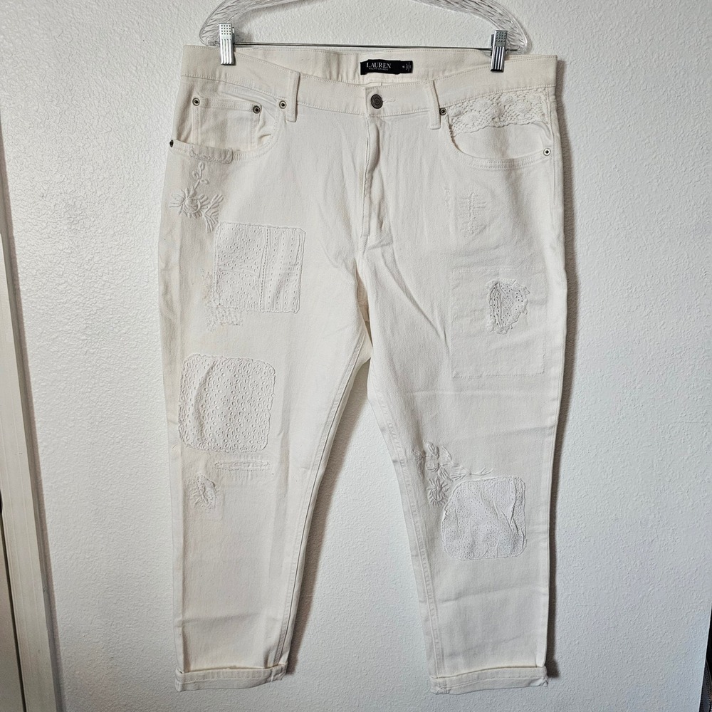 Lauren Ralph Lauren White Eyelet Lace Patchwork Embroidered Jeans Womens 16 Boho